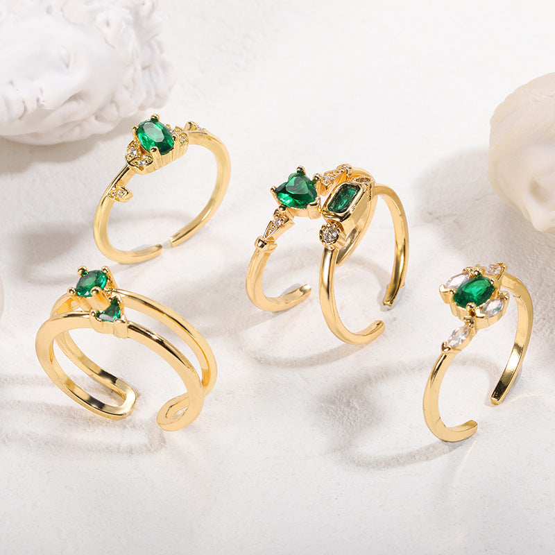 Gold Plated Green Zircon Heart Ring For Women Adjustable Copper Jewelry Elegant Dainty Gift For Everyday Style