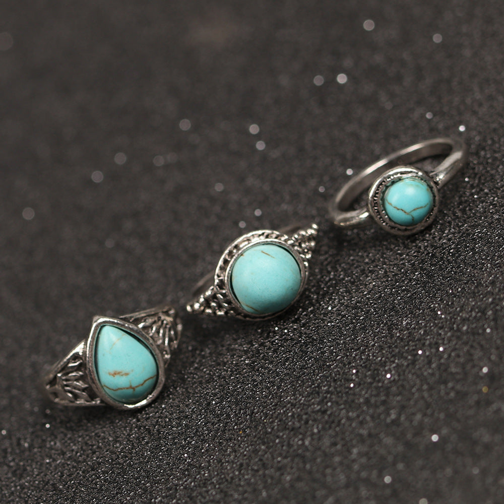 Vintage Turquoise Totem Flower Ring Ten Piece Joint Set