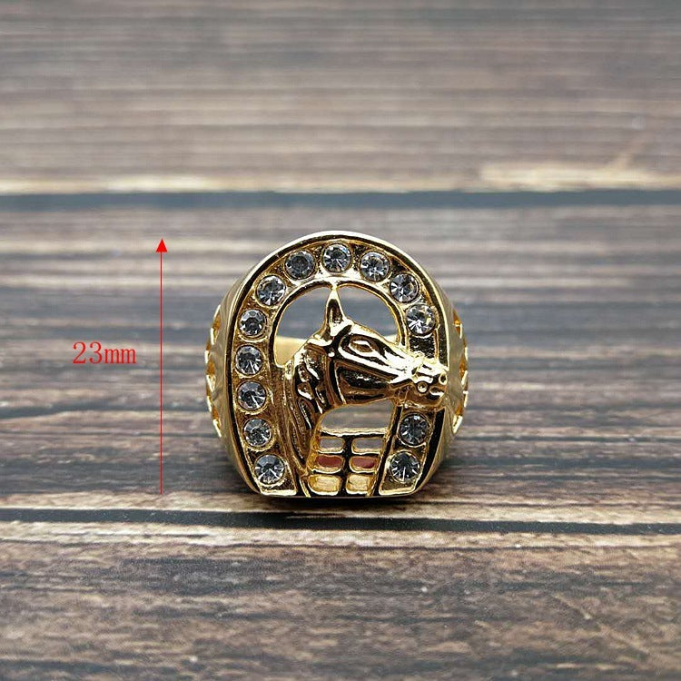 Titanium Steel Gold Plated Diamond Horse Head Ring Men Hip Hop Jewelry Durable Fashion Accessory Street StyleX