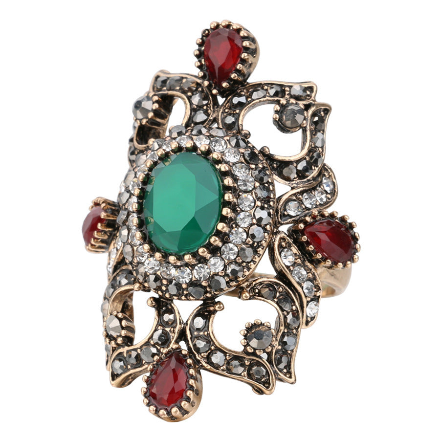 Womens Retro Flower Jewel Ring Alloy Electroplated European American Fashion Accessory Midi Ring Gold Blue Red
