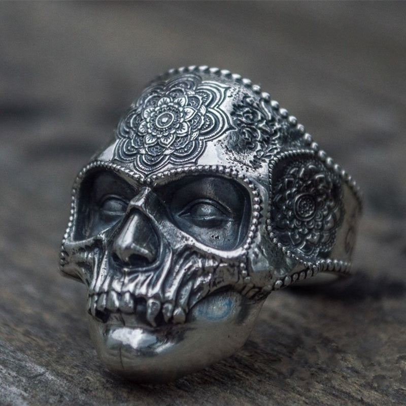 Silver Tone 316L Stainless Steel Skull Ring For Men Mandala Flower Santa Muerte Biker Jewelry For Street Style