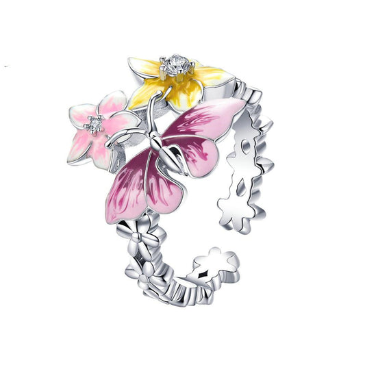 Womens Plated Ring With Butterfly And Love Flower Design In Silver Tone Copper Jewelry Gift For Her Elegant Chic