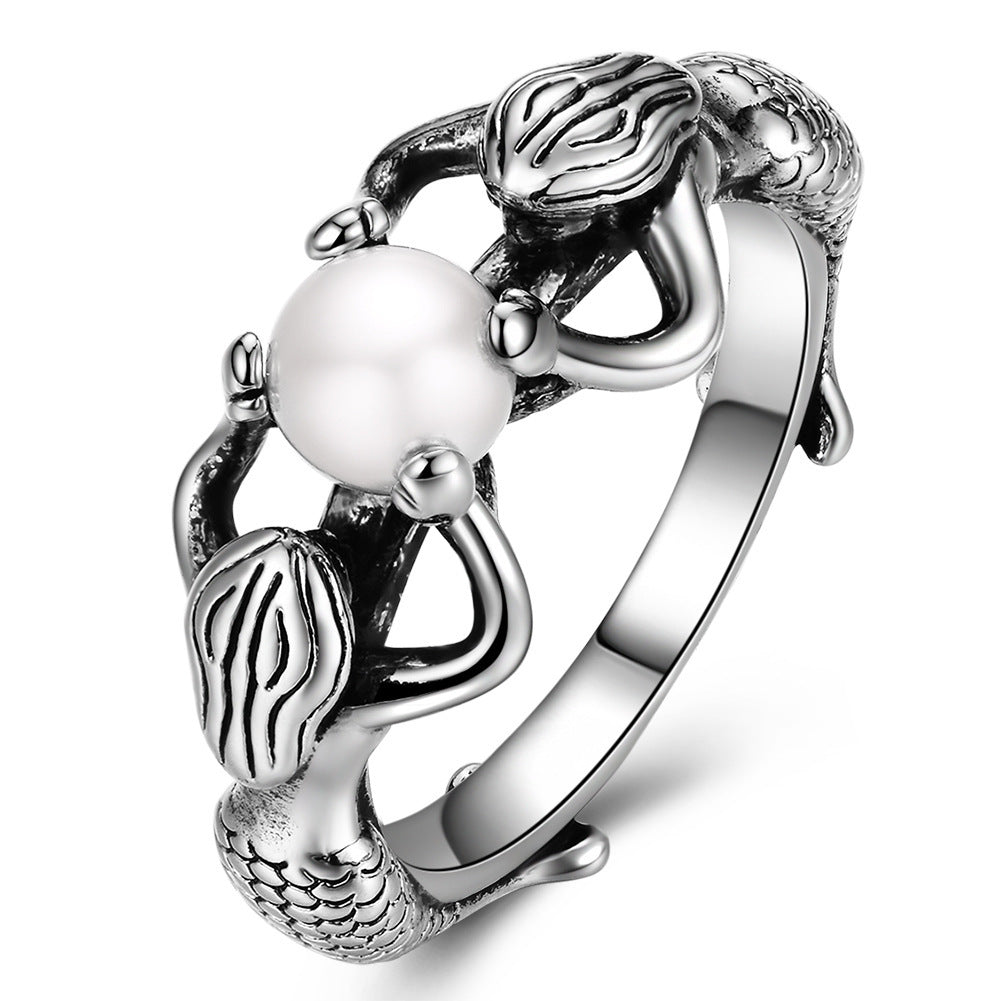 Unisex Mermaid Pearl Ring Blue Diamond Copper Alloy Electroplated Fashion Jewelry Gift For Holidays Birthday Gift