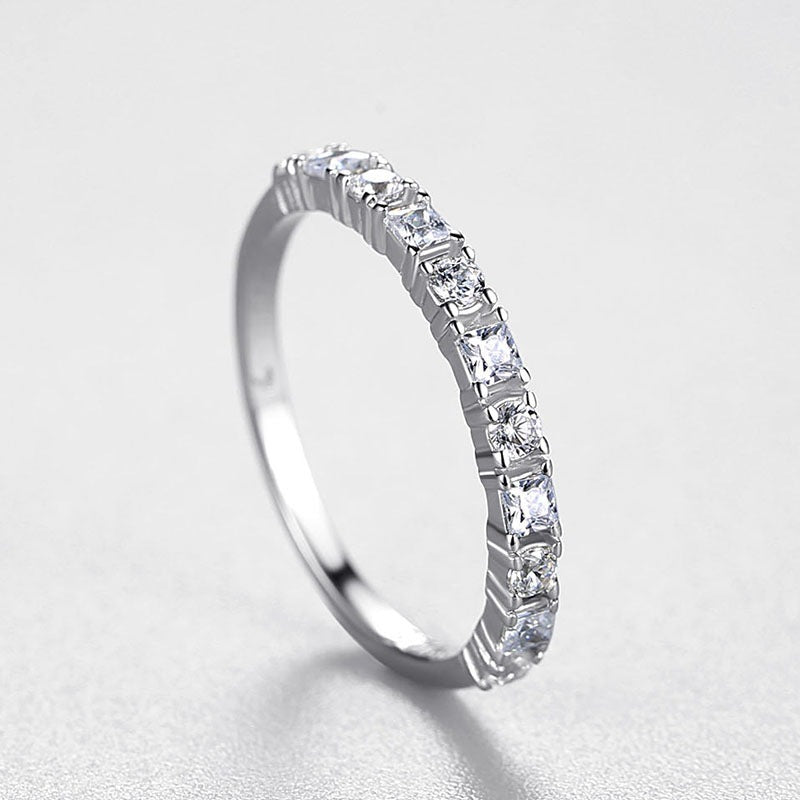 Silver Ring with Diamond Studs Geometric Stackable Ring