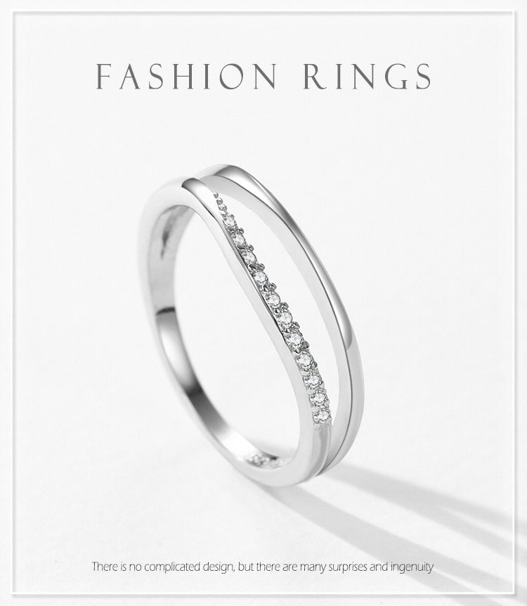 Sterling Silver Double Layer Geometric Ring With Micro Inlay White Gold Color For Women Jewelry For Daily Wear