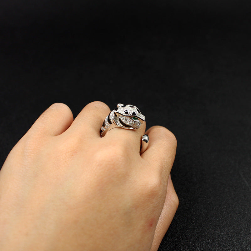 Gold Plated Leopard Head Rings for Couples Retro Adjustable Open Band with Animal DesignInnerCircumferenceSize