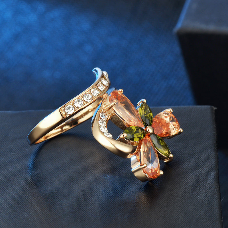 Women's Gold Ring with Water Drop Zircon Diamond Inlay Copper Flower Ring Hand Jewelry Fashion Ring Elegant Ring for Her Gift for Women