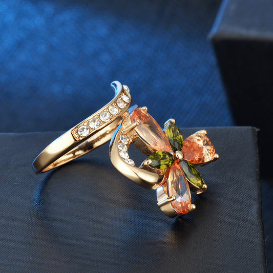 Women's Gold Ring with Water Drop Zircon Diamond Inlay Copper Flower Ring Hand Jewelry Fashion Ring Elegant Ring for Her Gift for Women
