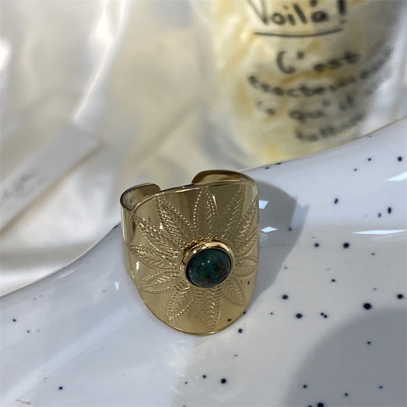 Gold Titanium Steel Ring With Turquoise Inlay Geometric Laser Flower Opening Adjustable Fashion Jewelry Elegant Trend
