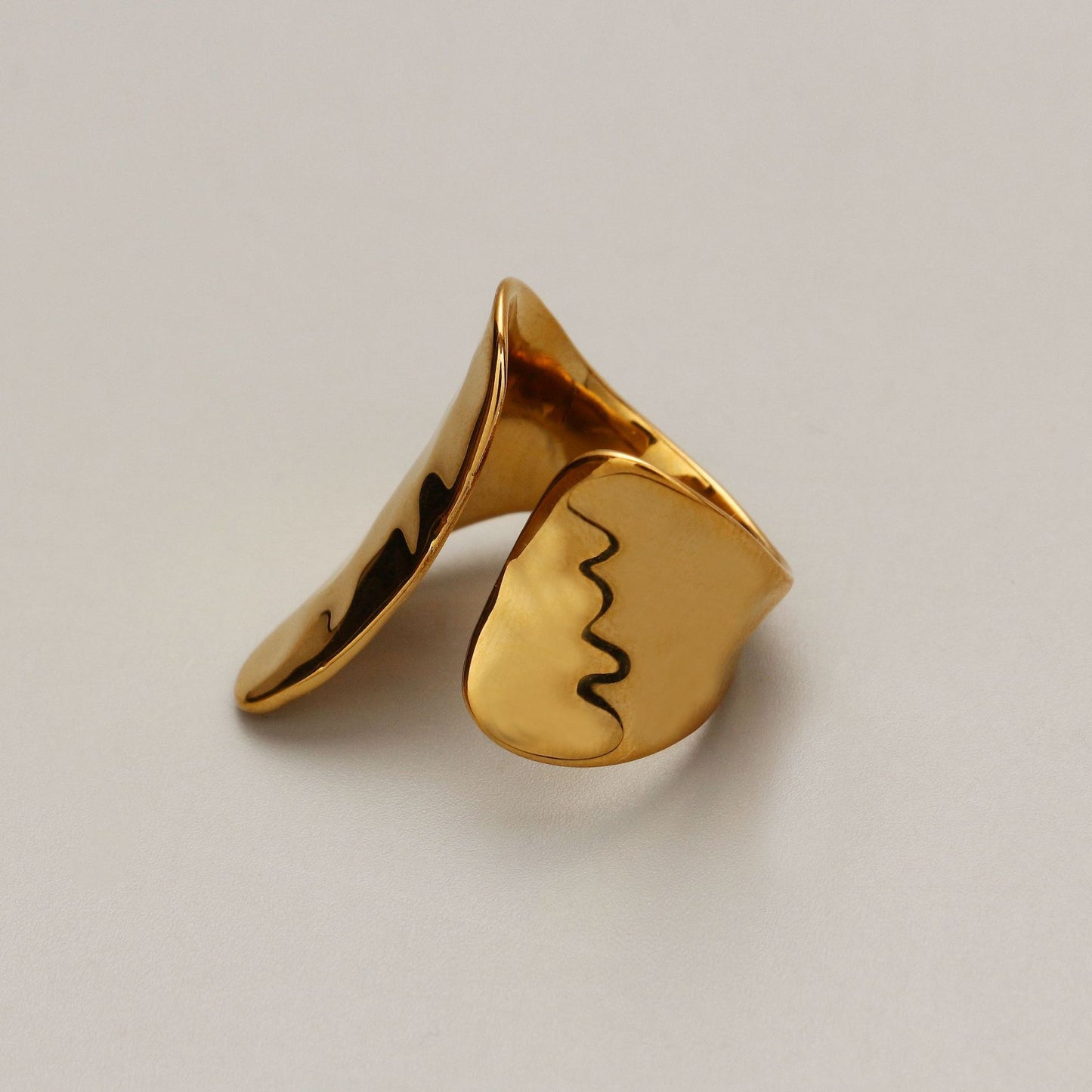 Womens Fashion Ring Electroplated Wide Band Copper Ring with 18K Gold Exaggerated Geometric Profile Adjustable Opening Statement Ring Gold Finish