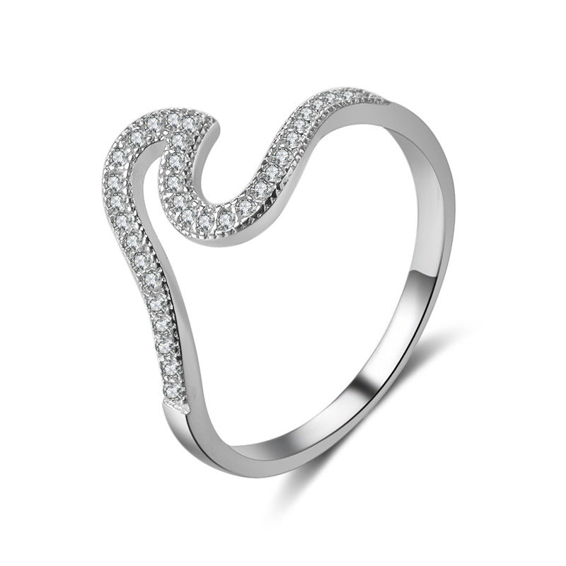 Silver Ring With Platinum Plated Finish And Micro Zircon Inlays In A Wave Design For Women Gift For Everyday Wear