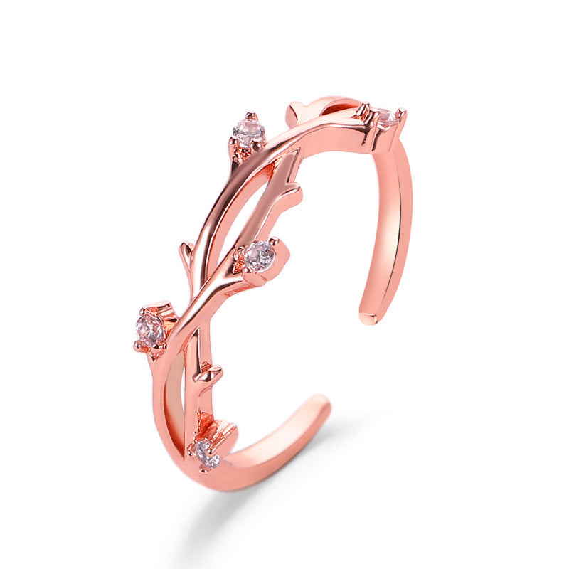 Electroplated Copper Ring With Natural Branch Design And Diamond Accents For Women And Girls Elegant Gift Idea