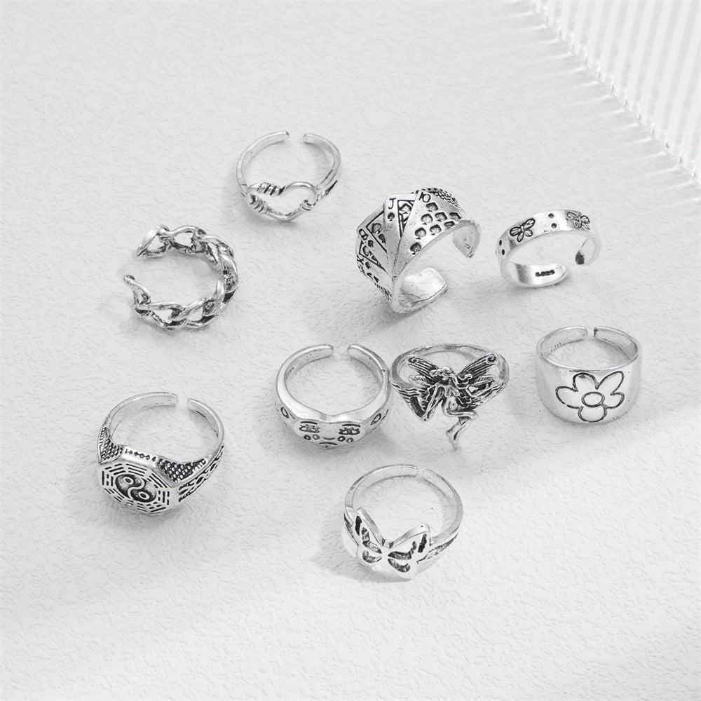 Womens Fashion Rings Set With Animal Metal Pattern Geometry And 3D Decor Elements Retro Ring Set Snake Butterfly Heart