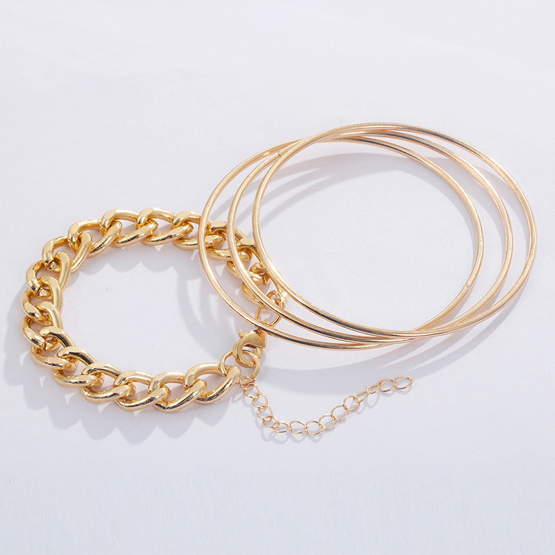 Geometric Aluminum Bracelet Set For Women Four Piece Gold Tone Silver Tone Round European American Style Jewelry