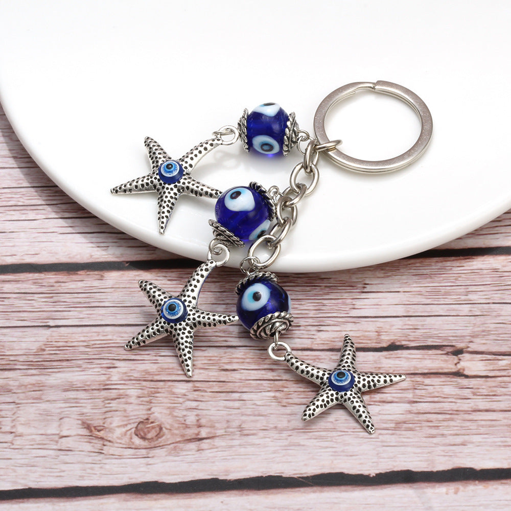 Unisex Alloy Starfish Keychain Turkish Blue Evil Eye Pendant Key Ring For Keys Bags And More For Everyday Uses