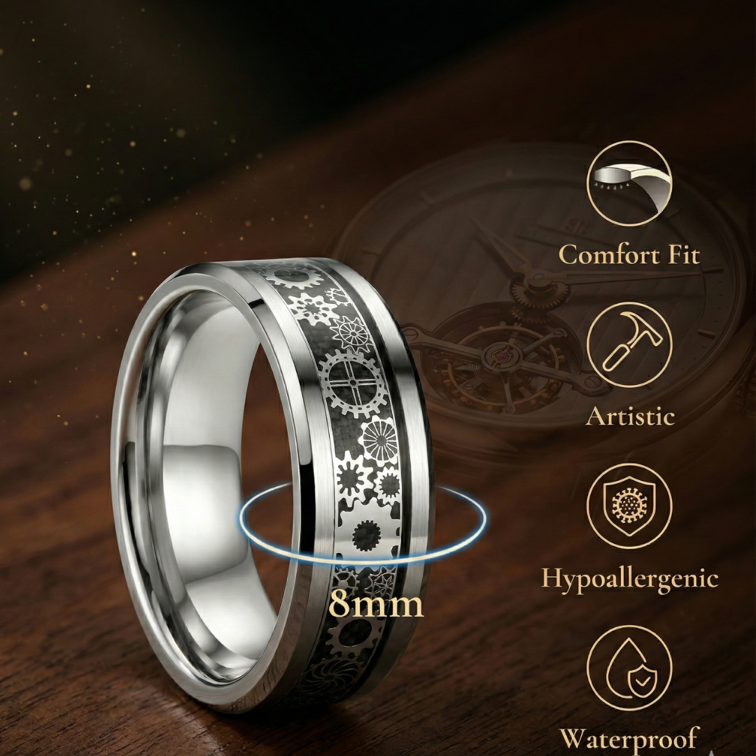 Titanium Steel Gear Spinner Ring for Men & Women, 8mm Rotating U-Shaped Geometric Band, Unisex Fidget Anxiety Ring