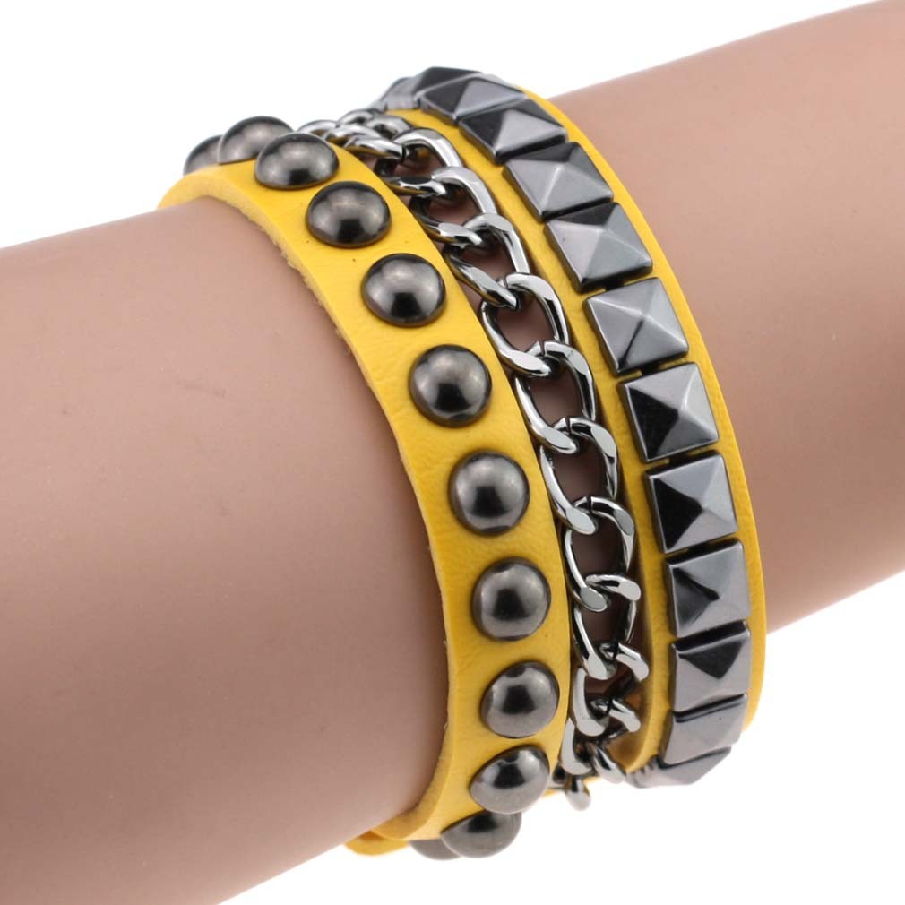 Layered Rivet Leather Bracelet PU Metal Bangle 22cm