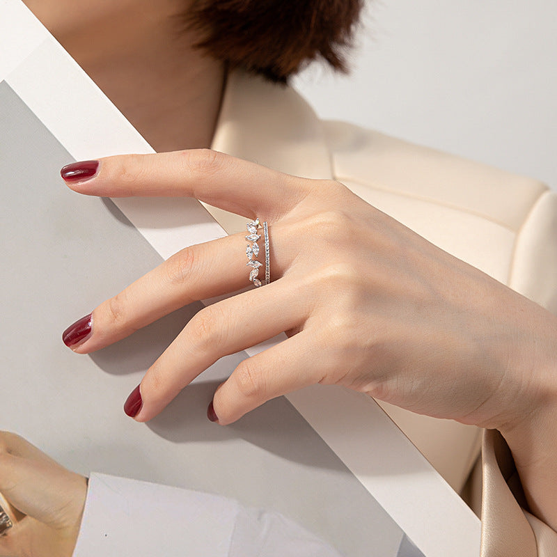 Womens Double Layer Flower Ring Exquisite And Elegant Copper Adjustable Opening Geometry Electroplating Size 2