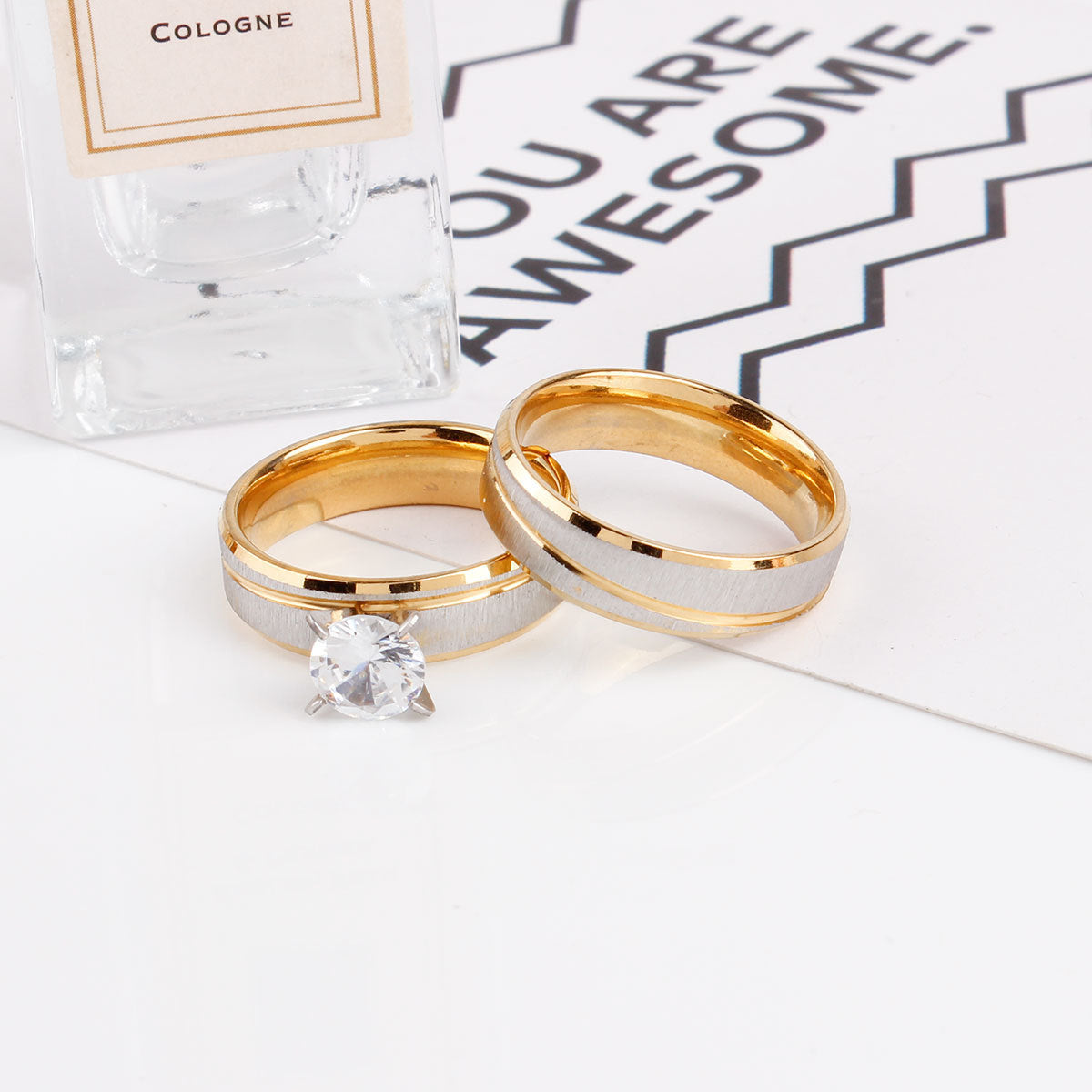Two Tone Brushed Stainless Steel Rings With Gold Plated Accent Sandblasted Metal Rings For Couples Luxury Line
