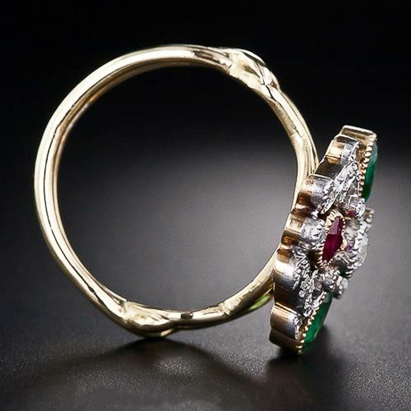 Women Fashion Ring Two Tone Gold Crown Design With Green And Red Zircon Alloy Jewelry European Inspired Jewels