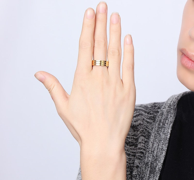 Womens 6mm Stainless Steel Fluted Gold Tone Ring Geometric Design Durable Everyday Wear Jewelry Timeless Charm