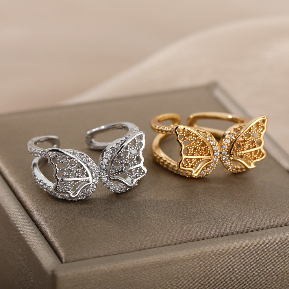 Womens Butterfly Zircon Copper Adjustable Ring Dainty Elegant Fashion Jewelry For Everyday Wear And Occasions