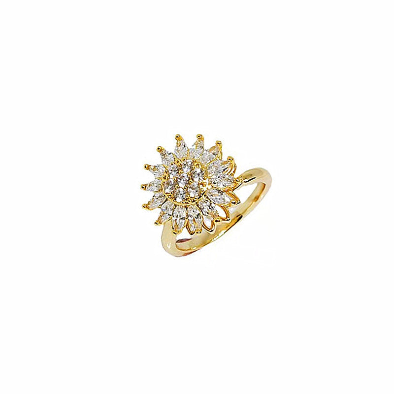 Womens Fidget Ring Crystal Sunflower Rotary Anxiety Relief 18K Gold Plated Copper Fashion Jewelry Daily Wear Chic