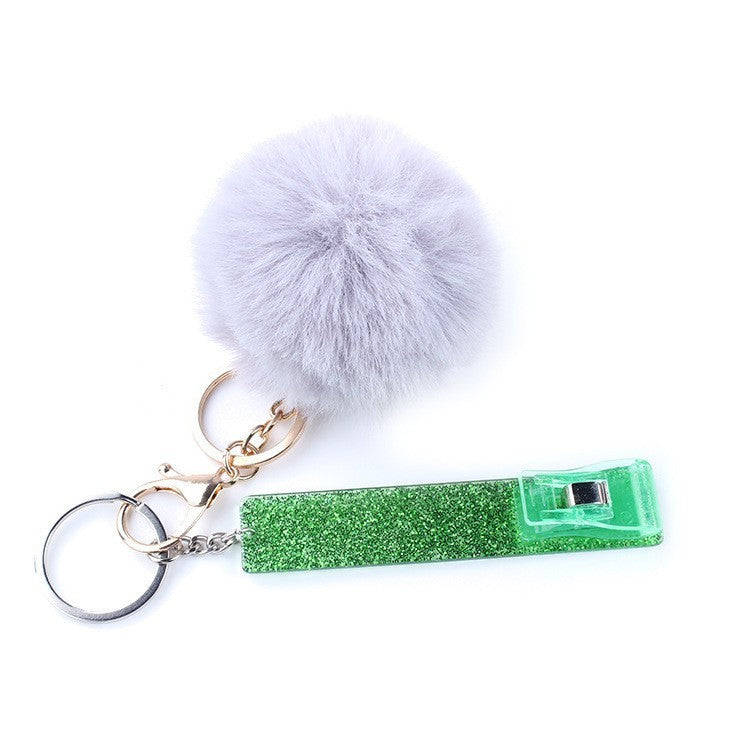 Touch Free Card Holder Keychain With Furry Ball DIY Accessory Secure Easy Card Carrying Contactless Card Clamp