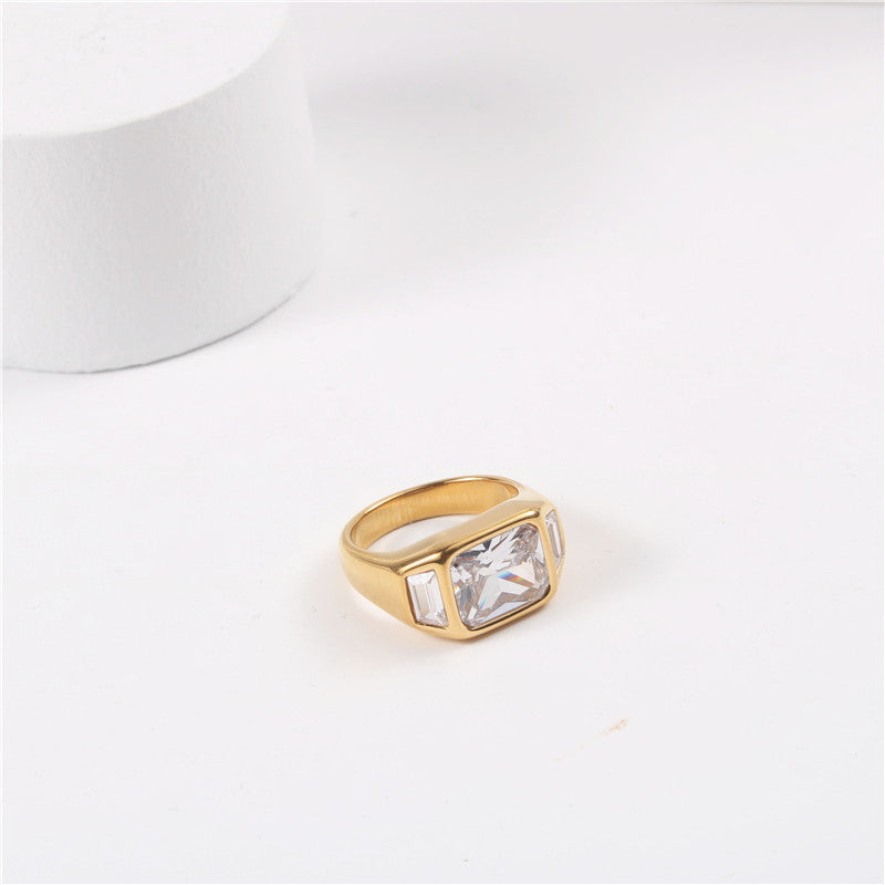 Geometric Zircon Stainless Steel Ring with Golden Finish Statement Jewelry for Women Elegant Fine Jewelry Gift