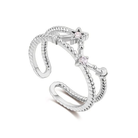 Adjustable Copper Ring With Zircon Inlaid Five Pointed Star Hollow Design Gold Plated Womens Fashion Accessory