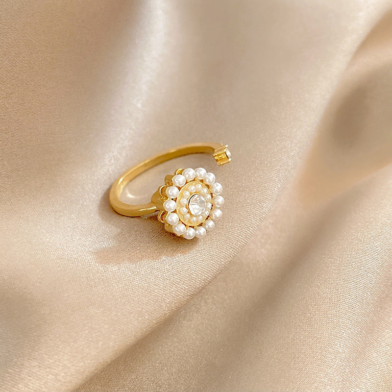 Adjustable Flower Ring Copper Jewelry With Gem Inlay In Korean Geometric Style Elegant Open Ring For Women Gift Charm