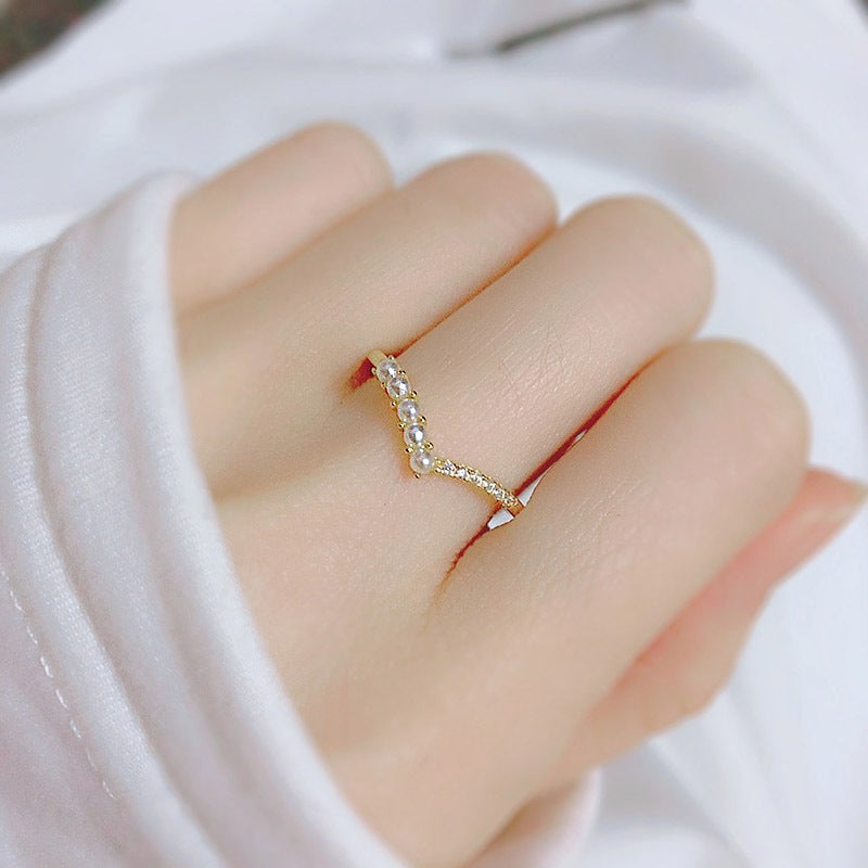 Golden Electroplated Womens Adjustable Ring Geometric V Shaped Shell Beads Index Finger Jewelry Fashion Trendy