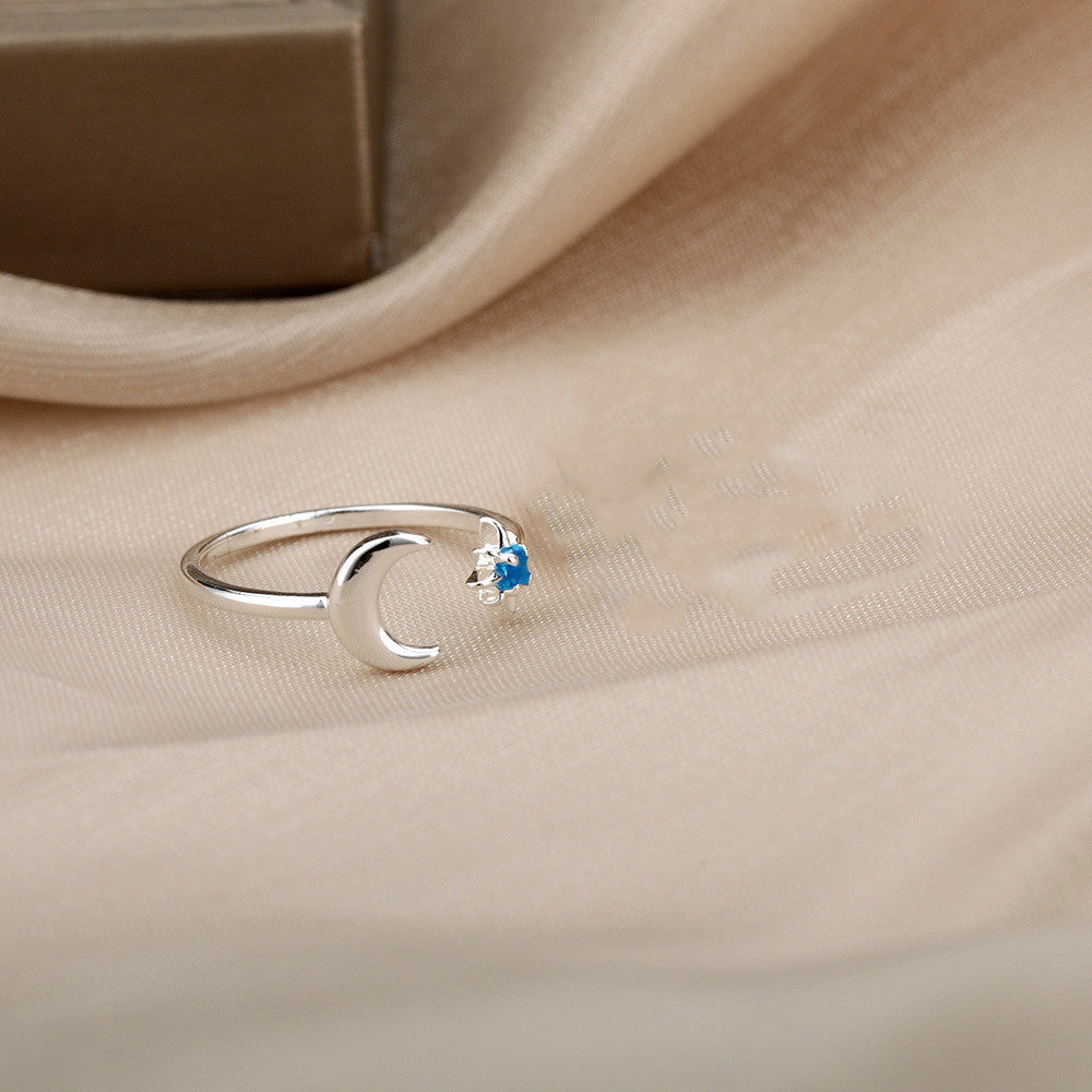Sterling Silver Ring Adjustable Open Design With Cubic Zirconia Inlay Moon Index Finger Ring Silver Niche Ring