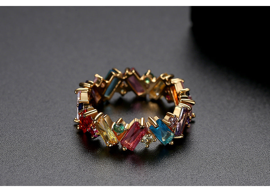 Womens Fashion Ring with Rainbow Color Zircon Geometric Ring European Plated Platinum Ring Anniversary Gift Ring Women Jewelry Zircon Inlay Ring