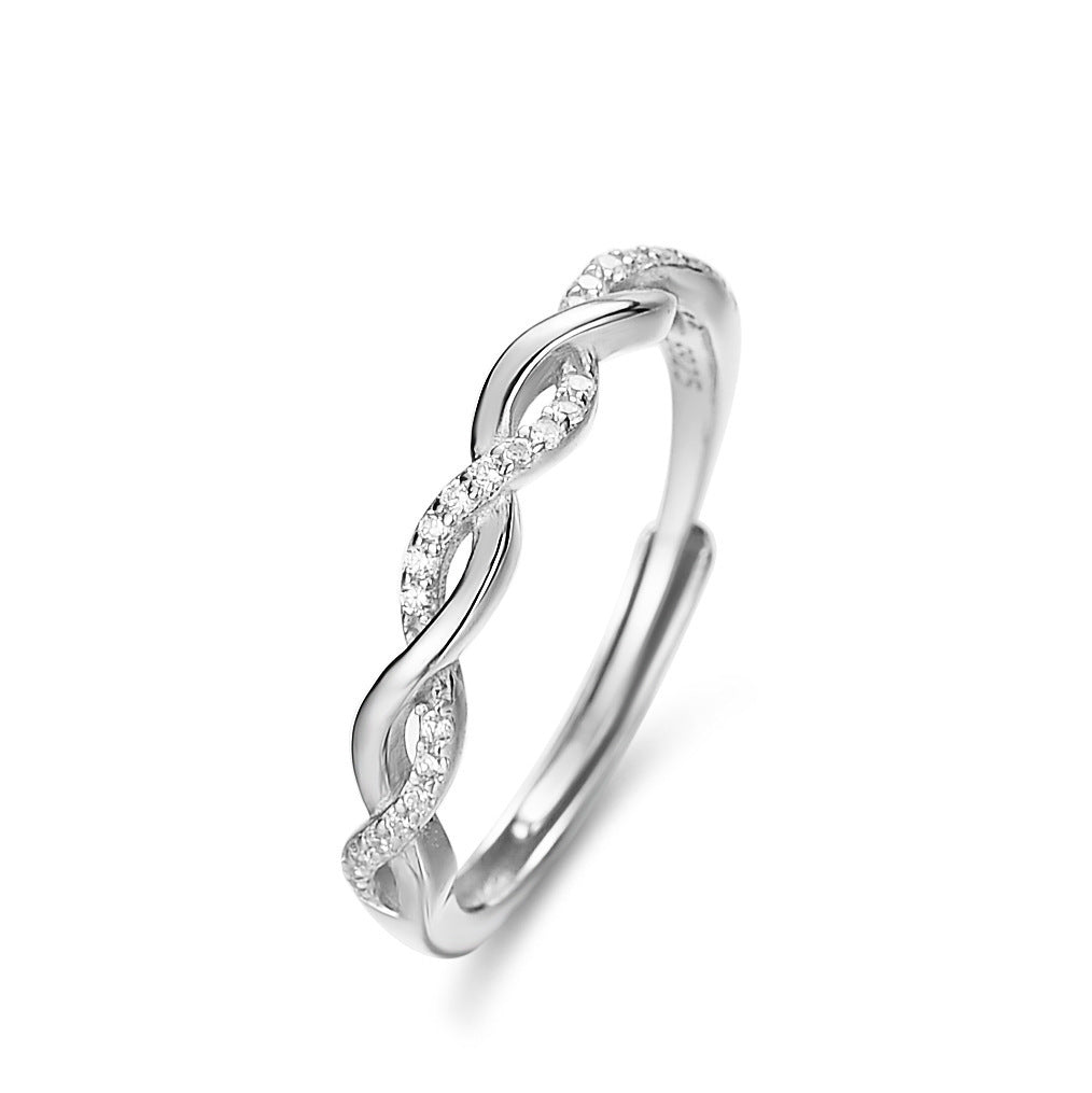 Sterling Silver Twist Ring With Zircon Inlays Adjustable