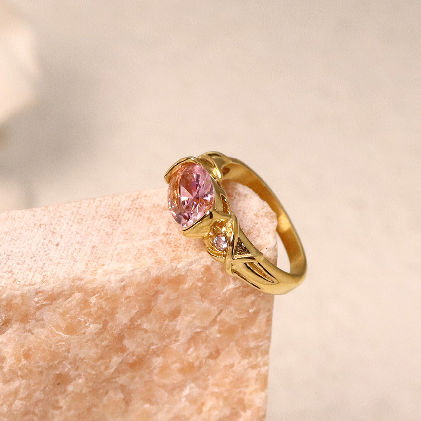 Stainless Steel Geometric Ring With Stone Accent Fashion Jewelry For Women Pink Stone Gold Size 6 7 8 European Style