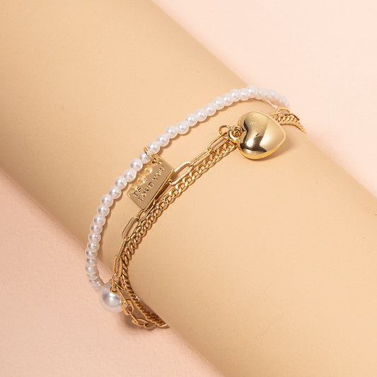 Womens Gold Plated Pearl Bracelet Three Layered Adjustable Length European American Styles Individually Packed