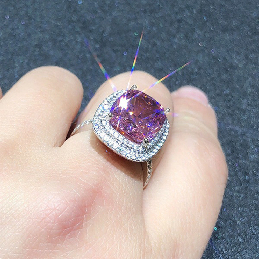 Geometric Zircon Inlays Copper Ring For Women Pink Color Elegant Fashion Jewelry Geometric Design Inlaid Ring
