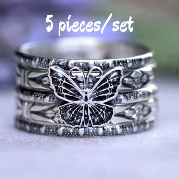 Butterfly Ring Set Retro European American Metal Rings Electroplating Finish Individually Packaged 5 Includes Gift Box