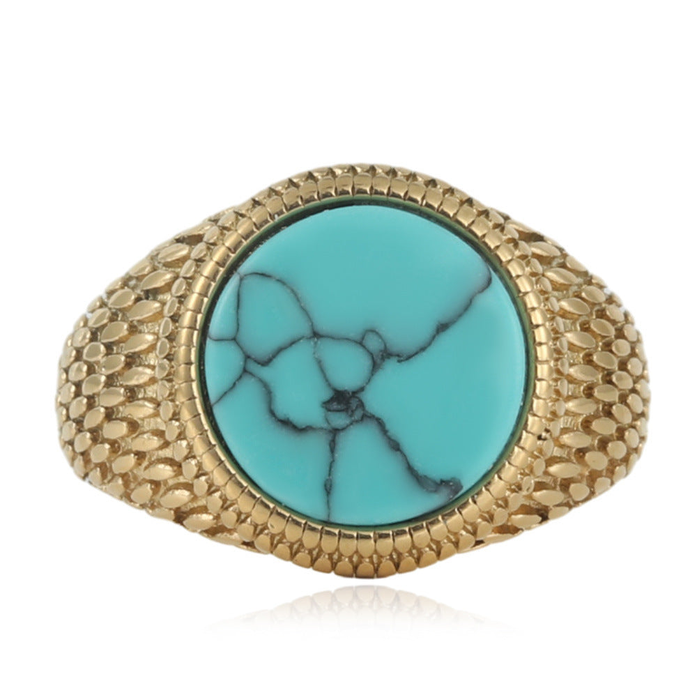 Titanium Steel Turquoise Ring Mens Round Stone Circle Band Stainless Steel 7 8 9 10 11 12 13 Bold Modern Style