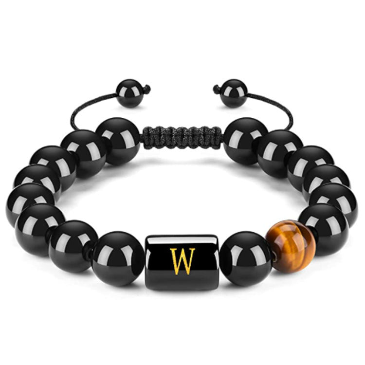 Mens Natural Black Agate 10mm Beads Handmade Initial Letter Bracelet Personalized Gift for Men Letter A Shape Letter