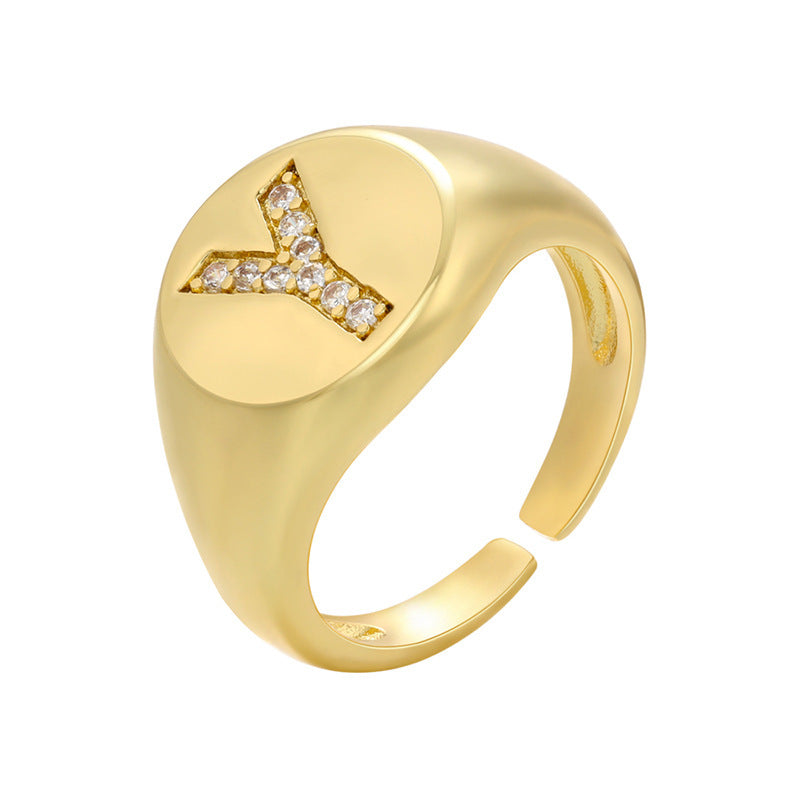 Women Adjustable Initial Ring Wide Band Gold Tone Diamond Accent Personalized Alphabet Jewelry Gift Daily Wear