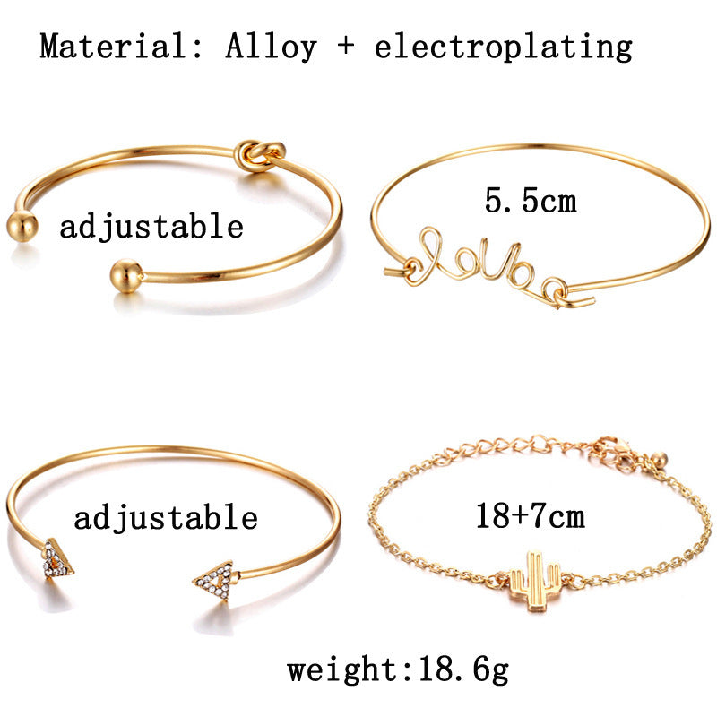 Womens Bracelet Set Of 4 Fashion Alloy Bracelets With Triangle Knotted Love Letter Cactus Designs Electroplated