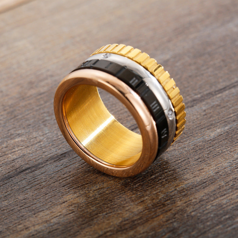 Womens Rhinestone Ring Stainless Steel Roman Band 12mm Wide Golden Finish Geometric European Fashion Ring Ring