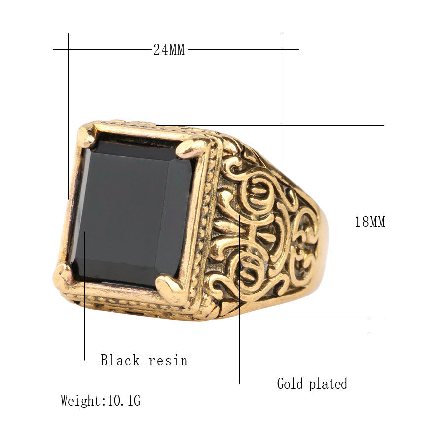 Gold Plated Alloy Ring with Black Stone Tibetan Inspired Design Retro Ethnic Statement Jewelry For Him Ethnic Gold