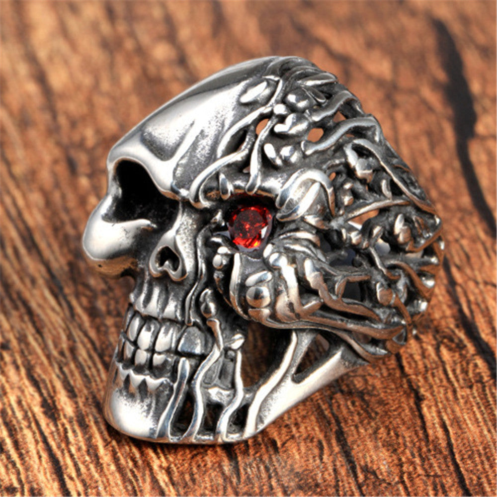 Mens Alloy Skull Ring Electroplated With Red Diamond Zircon One Eye Design Ideal Gift For Him Fashion Gear Now