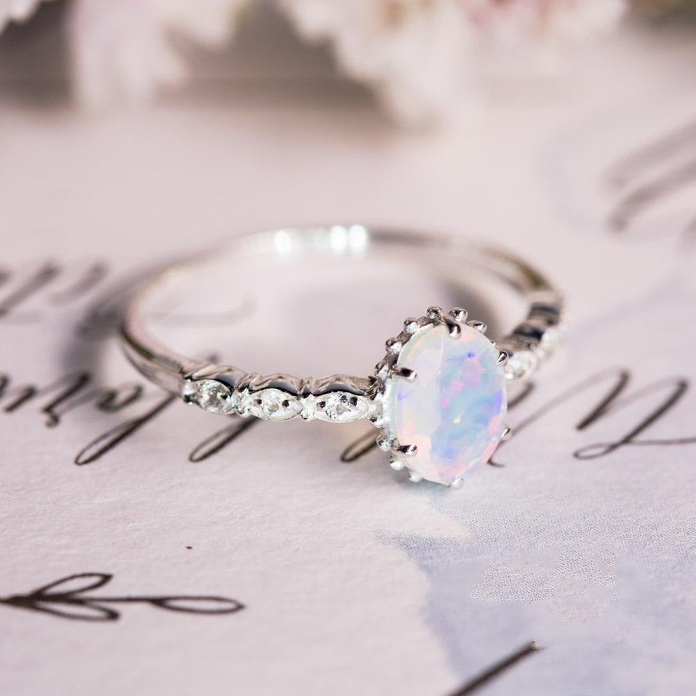 Geometric Opal Ring For Women Plated Zinc Alloy Band Elegant Jewelry Gift For Her Trendy 2024 Opal Ring Trendy