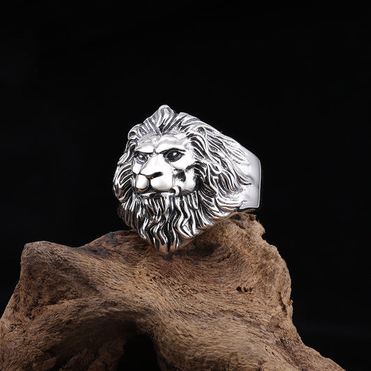 Lion Head Mens Ring Vintage Silver Plated Copper Wide Face Adjustable Statement Ring Dominant Animal DesignPro