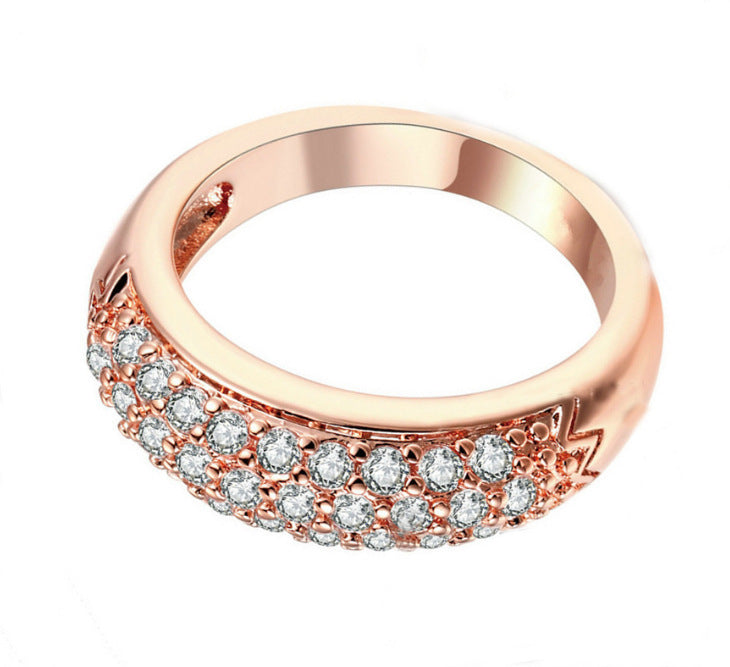 Geometric Three Row Cubic Zirconia Ring With Half Side Design Copper Electroplated For Women Stylish Jewelry Accessory