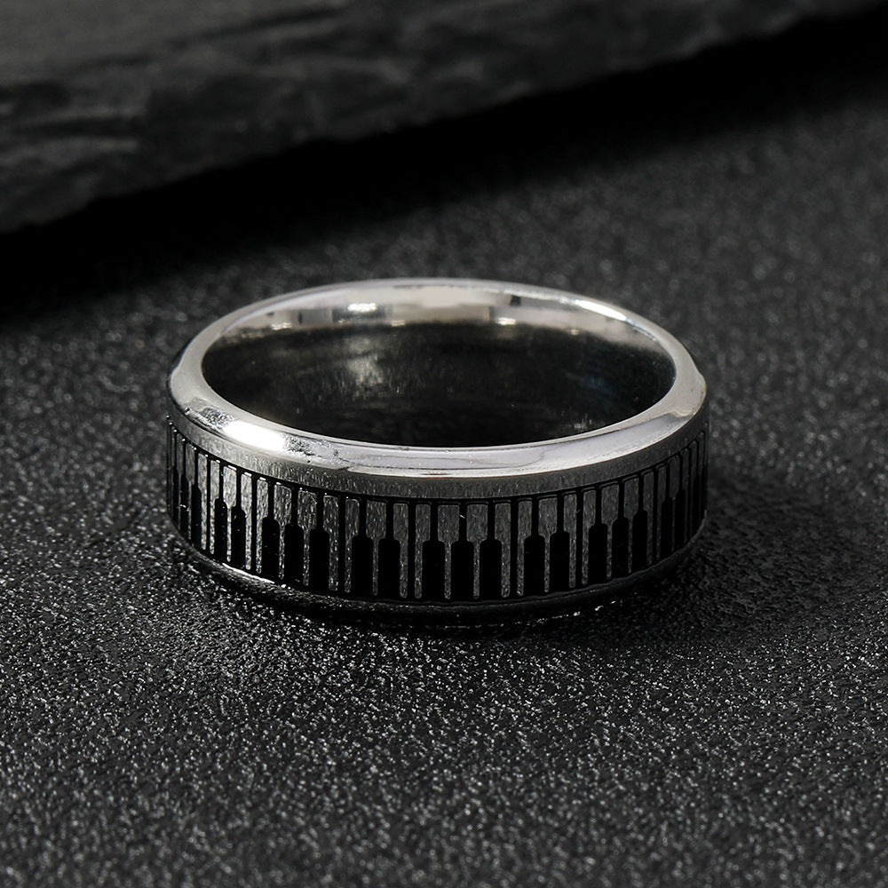 Mens Stainless Steel Ring With Black And White Piano Keys Design Electroplated Geometric Round Elements Jewelry